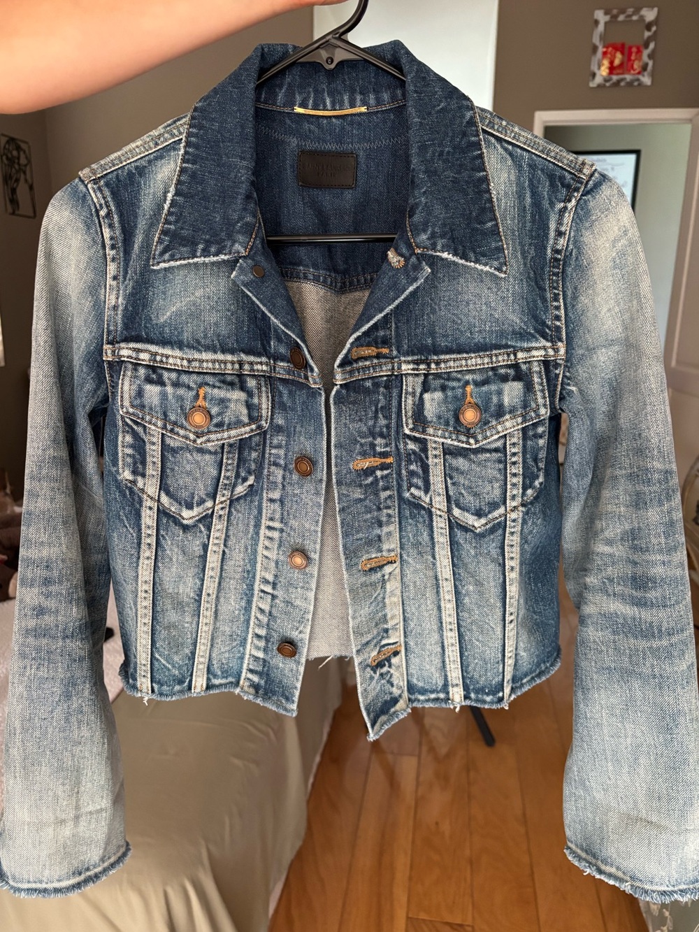 Saint Laurent Women’s Crop Denim Jacket - Blue with Tan Stitching